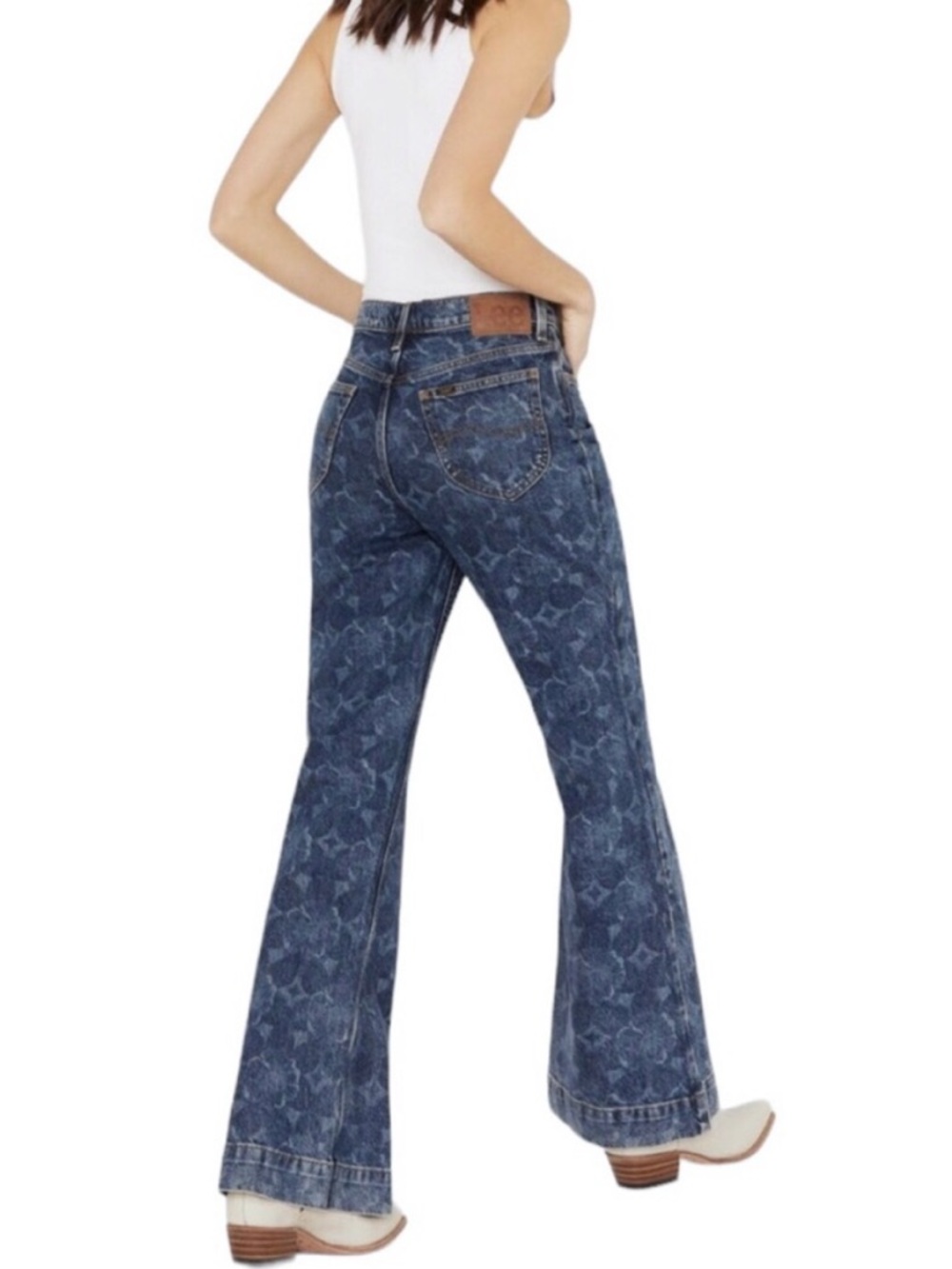 Lee Floral Flare Jeans Mid Rise Drop Flare Blue Denim 31 NEW